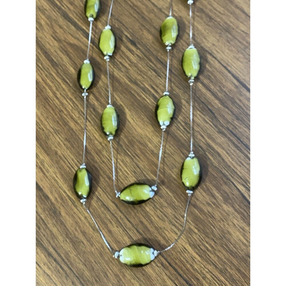 Art Glass Double Strand Chain Necklace Green & Black Beads Boho Fairy Whimsygoth - Picture 8 of 9